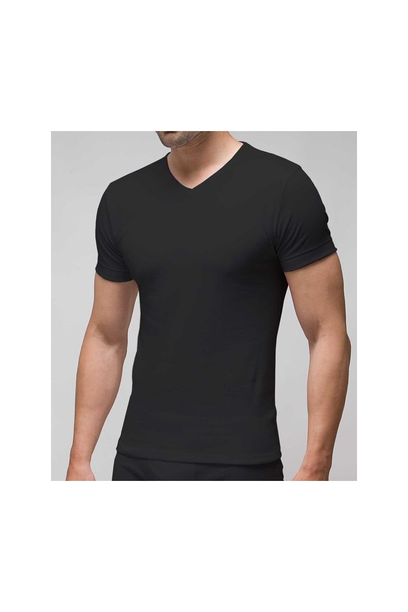 3117 RAPIFE NEGRO CAMISETA HOMBRE ALGODON MANGA CORTA CUELLO PICO