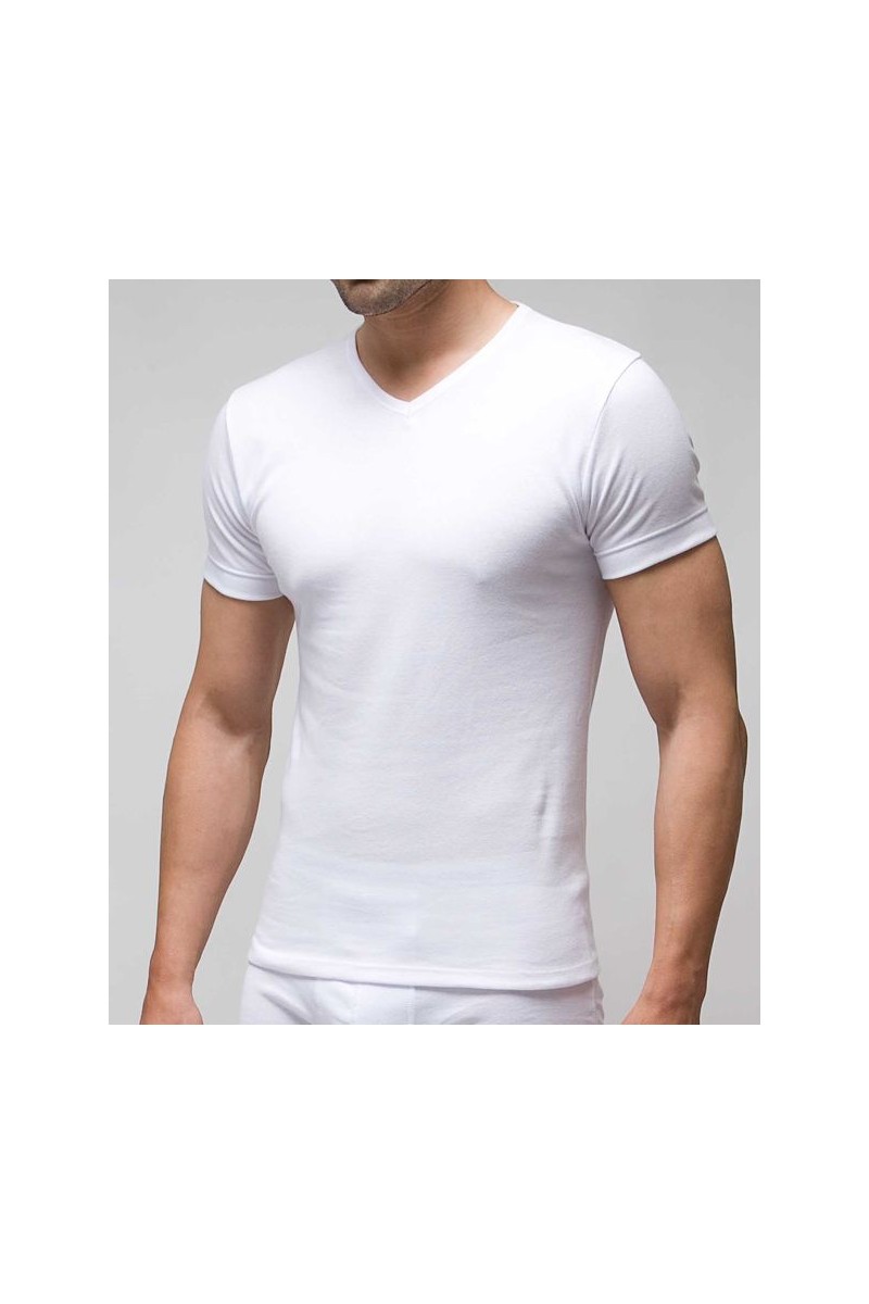 3117 RAPIFE BLANCO CAMISETA HOMBRE ALGODON MANGA CORTA CUELLO PICO